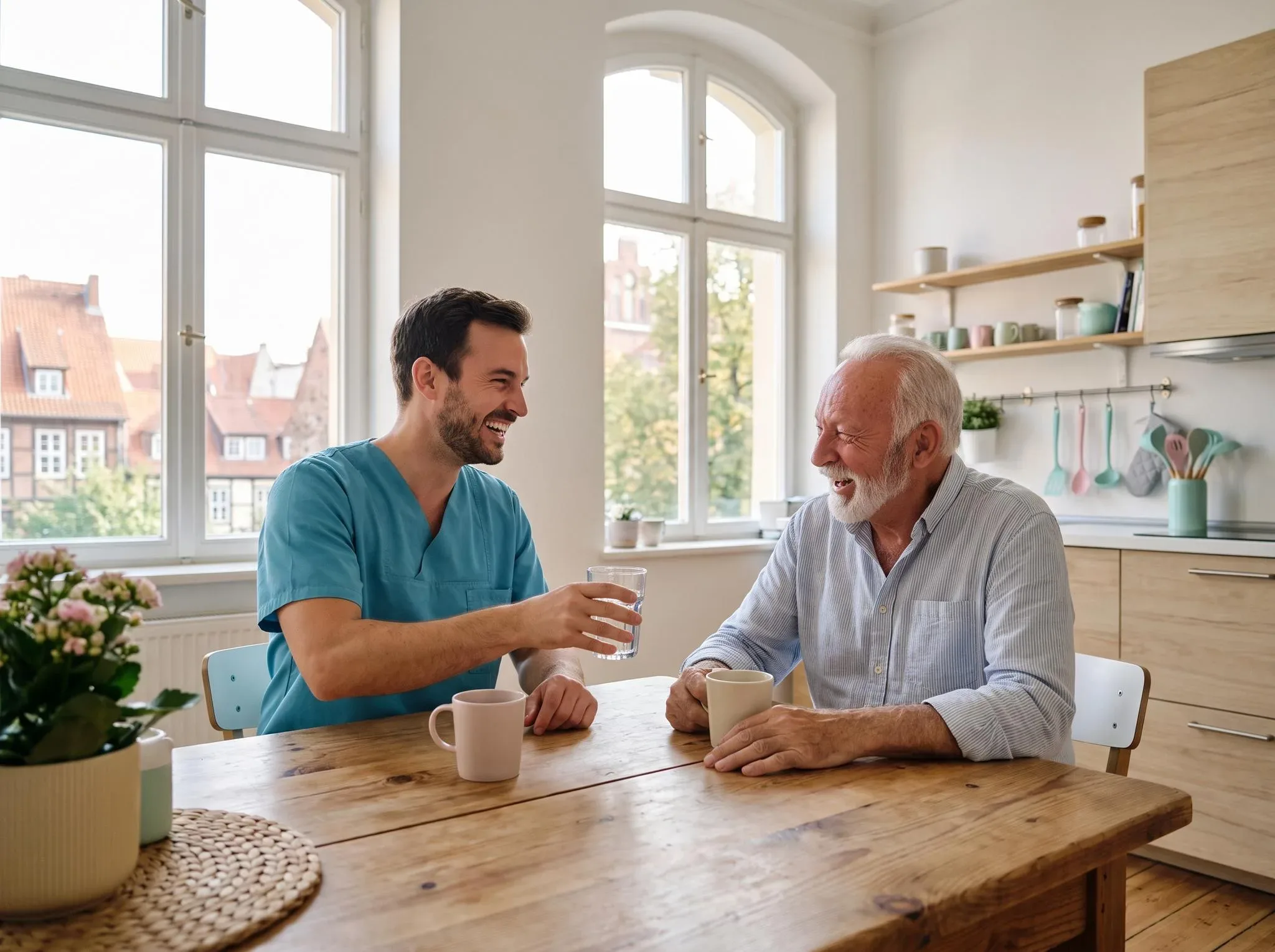 Pflegekraft und älterer Herr lachen gemeinsam am Küchentisch beim Frühstück