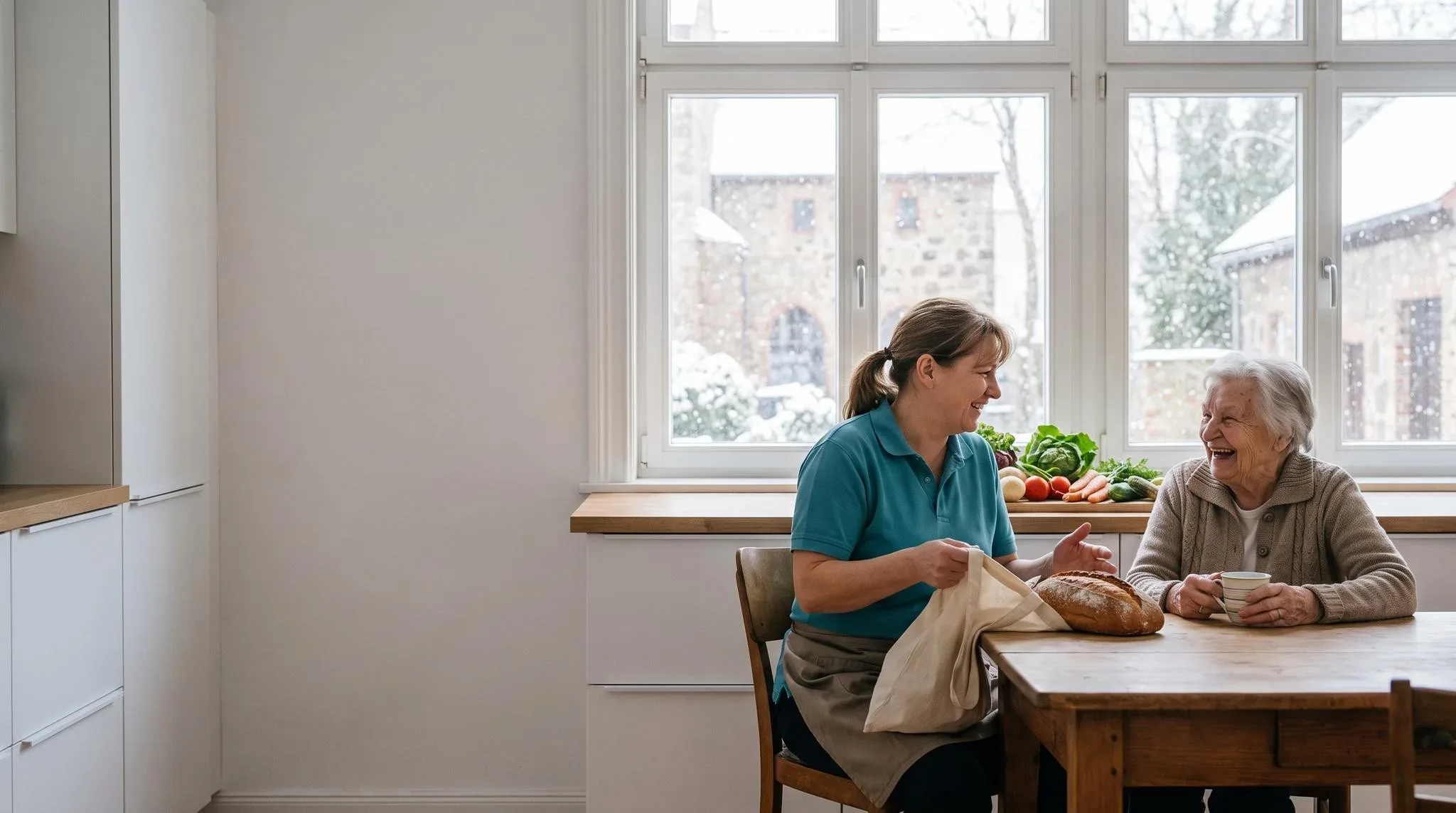 Hauswirtschaftskraft räumt Einkäufe in einer hellen Küche ein und unterhält sich mit einer älteren Dame am Tisch
