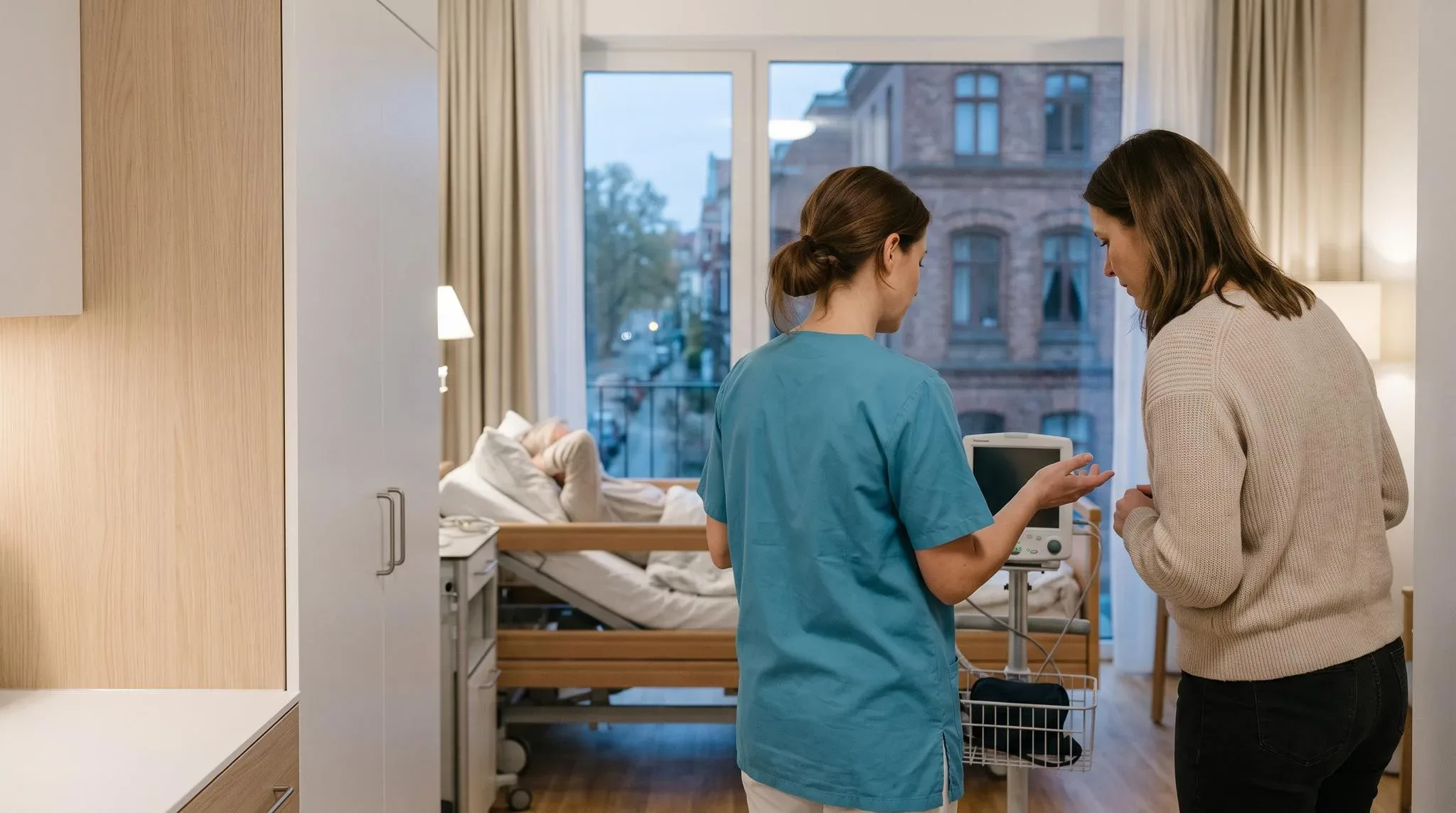 Pflegefachkraft erklärt einer Angehörigen den Überwachungsmonitor neben dem Pflegebett zu Hause