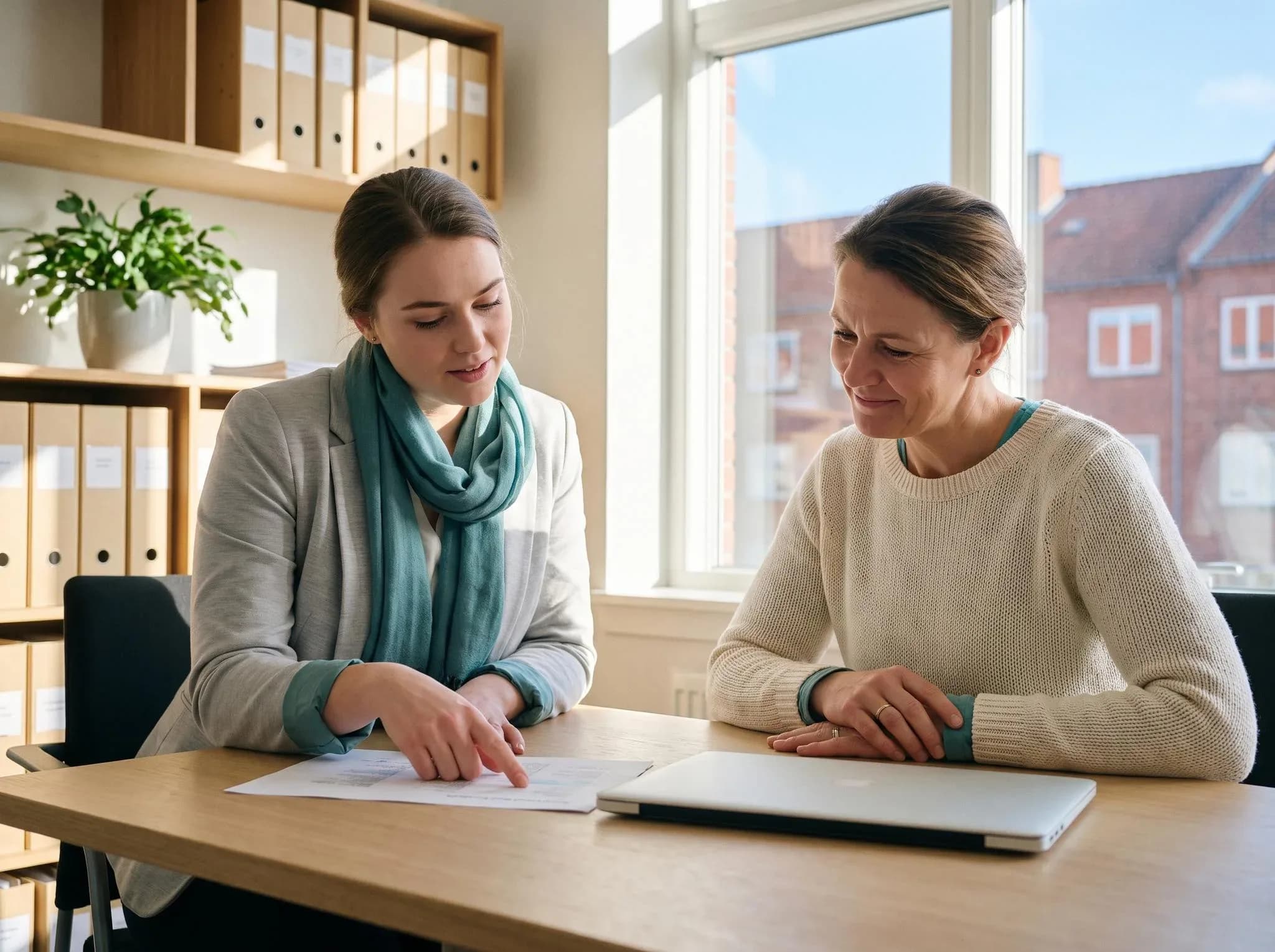 Zwei Kolleginnen der Verwaltung besprechen am Schreibtisch freundlich einen Beleg