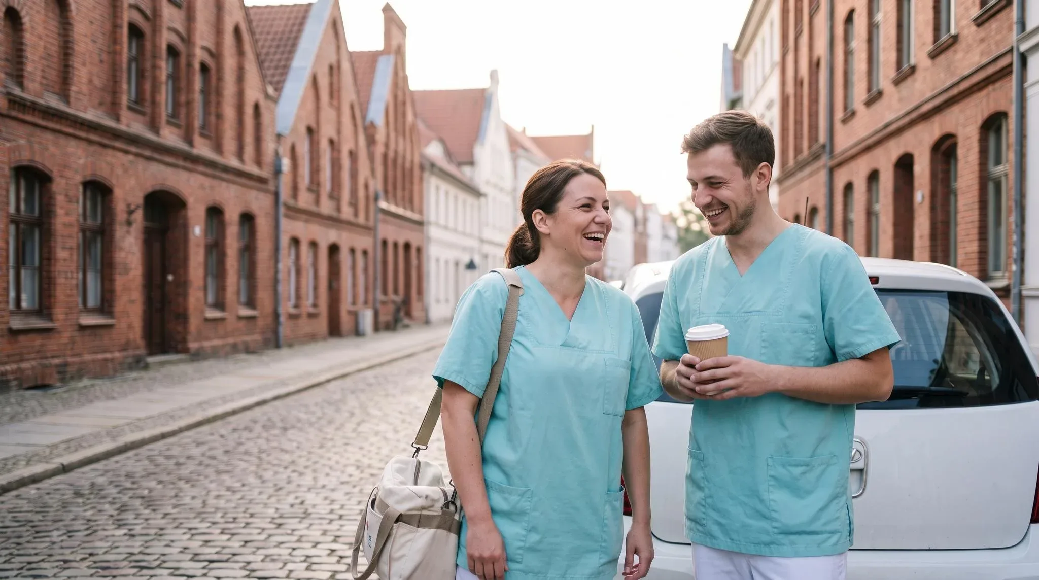 Zwei Pflegekräfte in türkiser Dienstkleidung lachen morgens in einer Greifswalder Altstadtgasse neben ihrem Dienstwagen