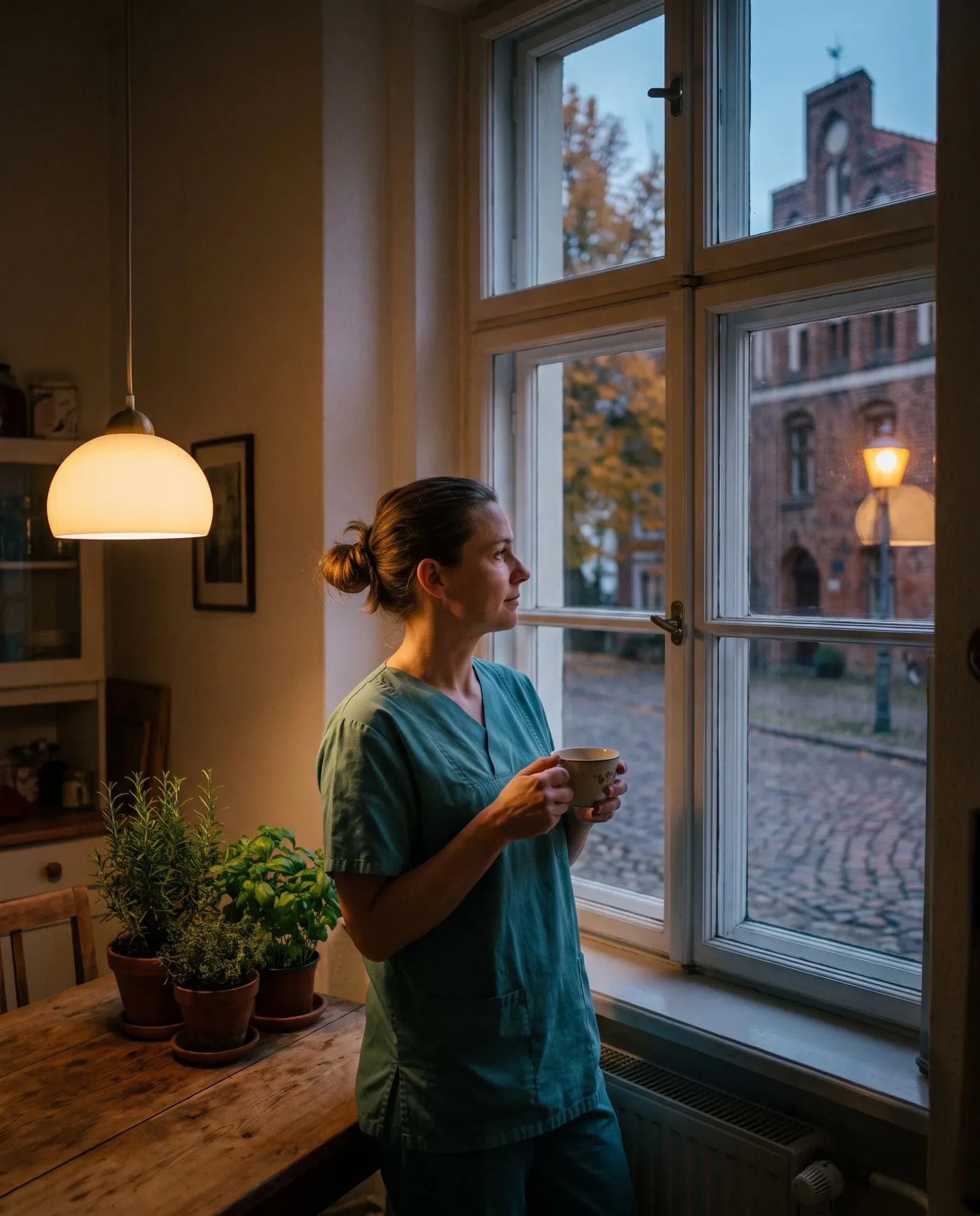 Pflegekraft in türkiser Dienstkleidung steht abends mit einer Tasse am Küchenfenster einer Pflege-WG und blickt hinaus