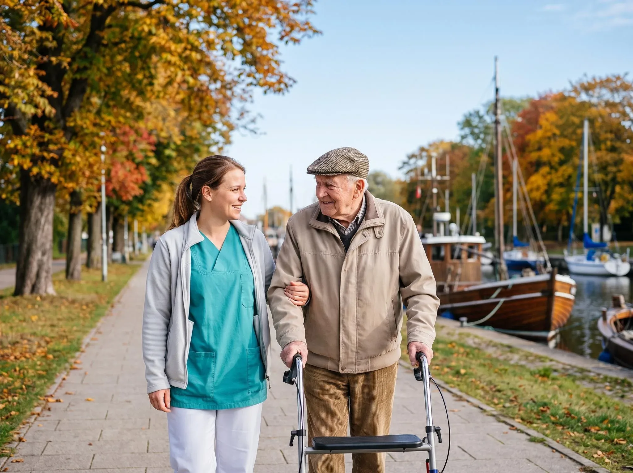 Pflegehelferin begleitet einen älteren Herrn mit Rollator beim Herbstspaziergang am Ryck-Ufer, im Hintergrund Boote