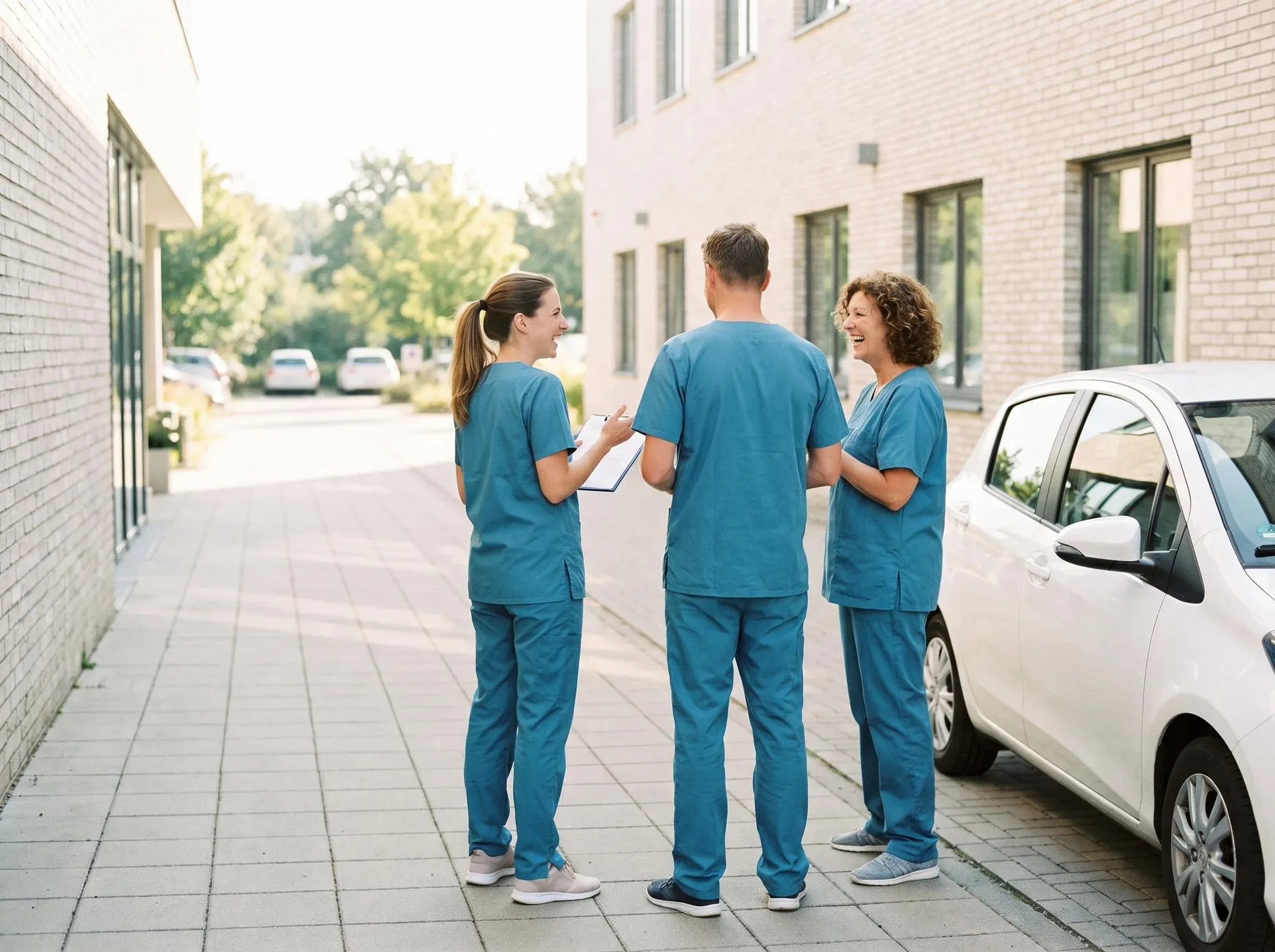 Drei Pflegekräfte besprechen morgens vor dem Dienst lachend den Tag