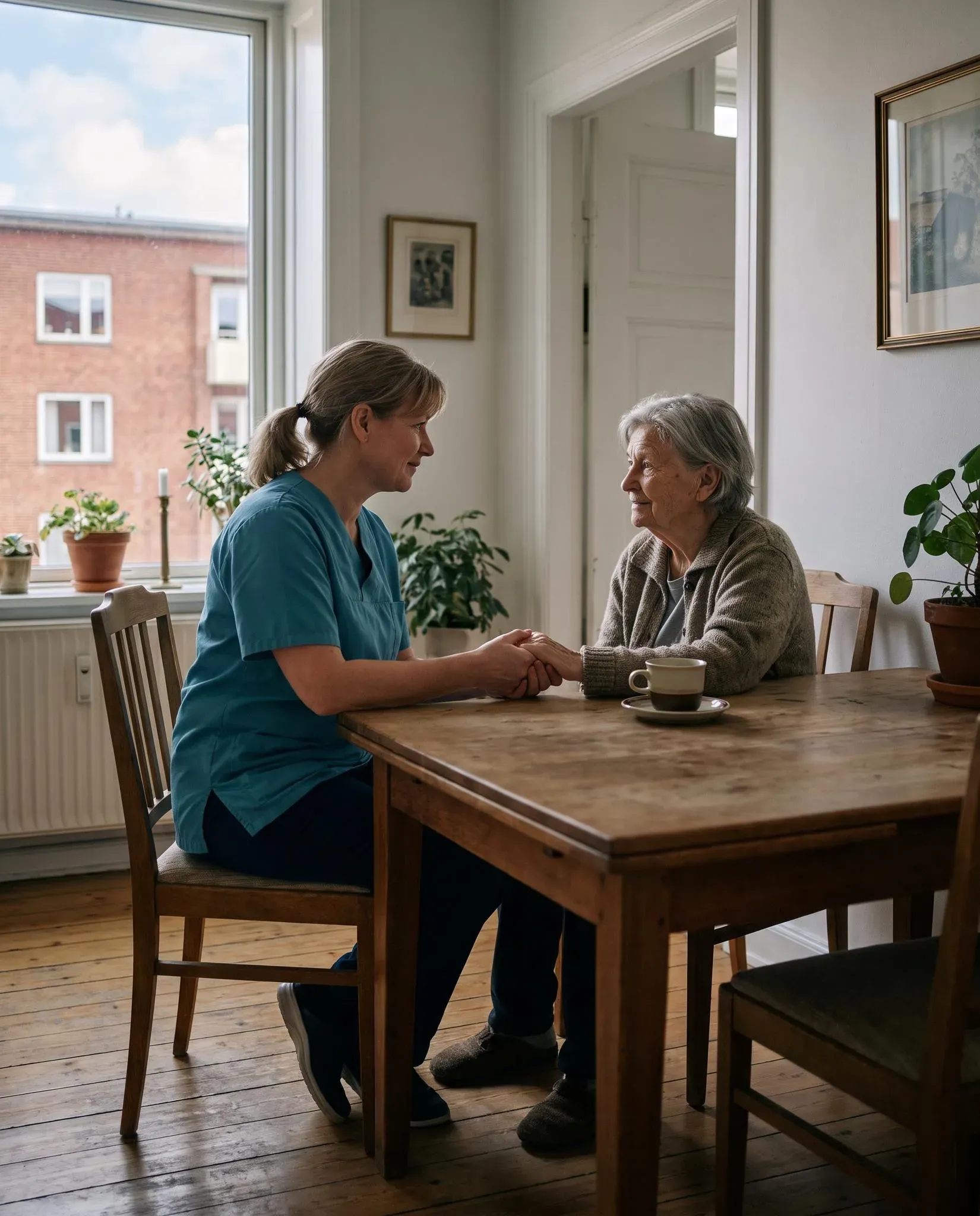 Pflegekraft hält am Küchentisch einer Greifswalder Altbauwohnung die Hand einer älteren Frau