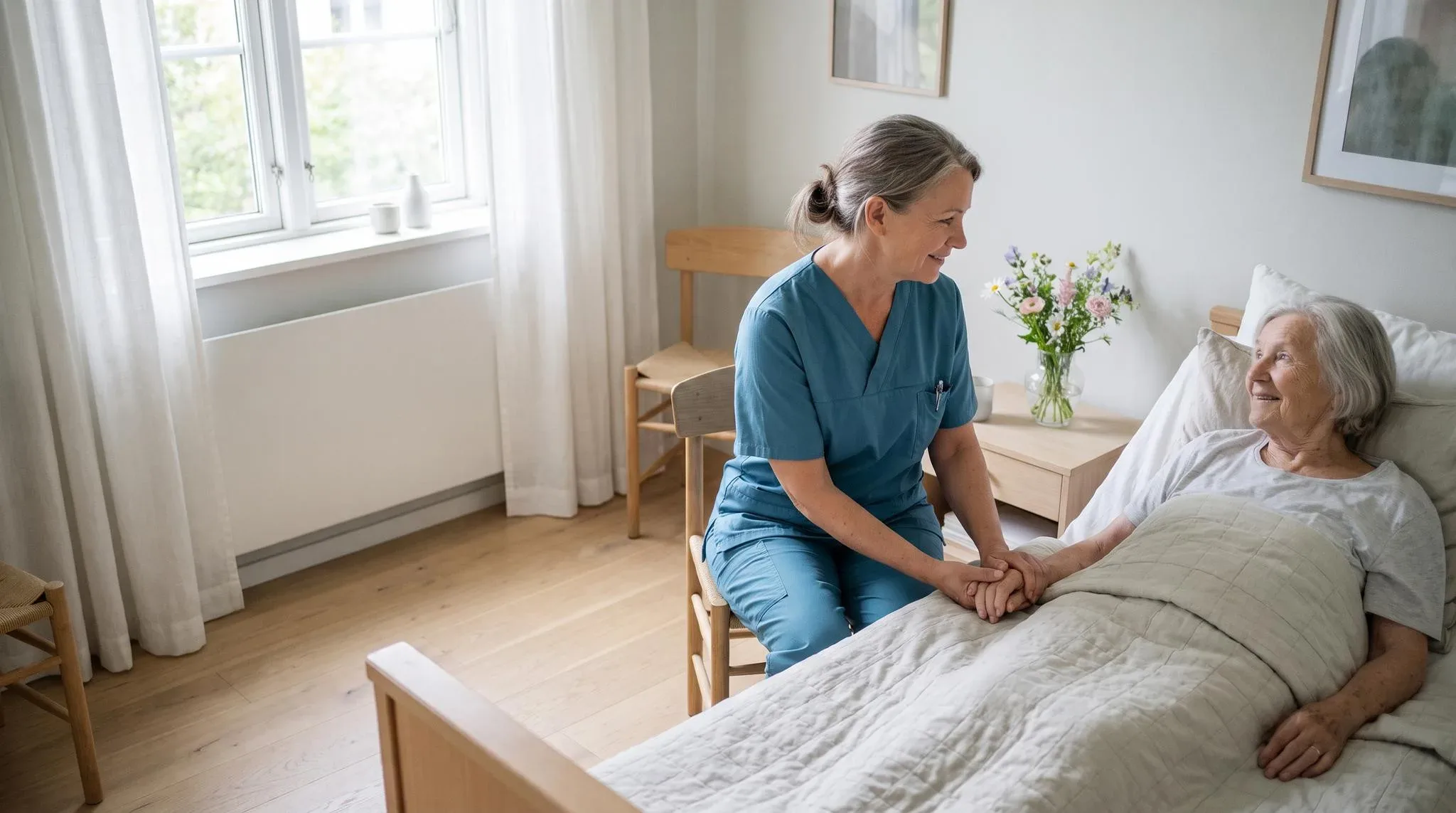 Pflegefachkraft sitzt am Bett einer älteren Frau zu Hause und hält ihre Hand