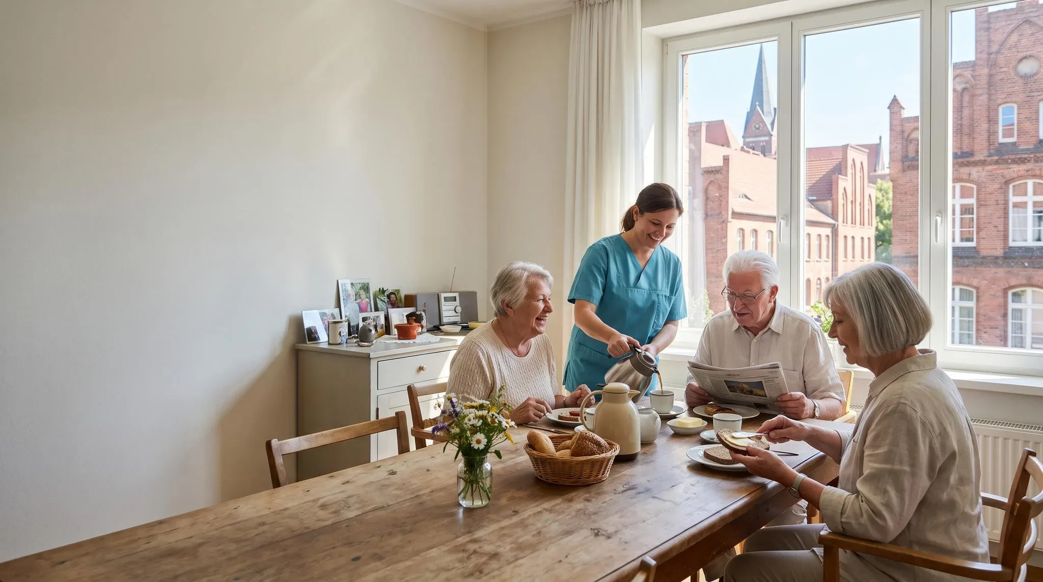Gemeinsames Frühstück in einer Pflege-Wohngemeinschaft, eine Pflegekraft schenkt Kaffee nach