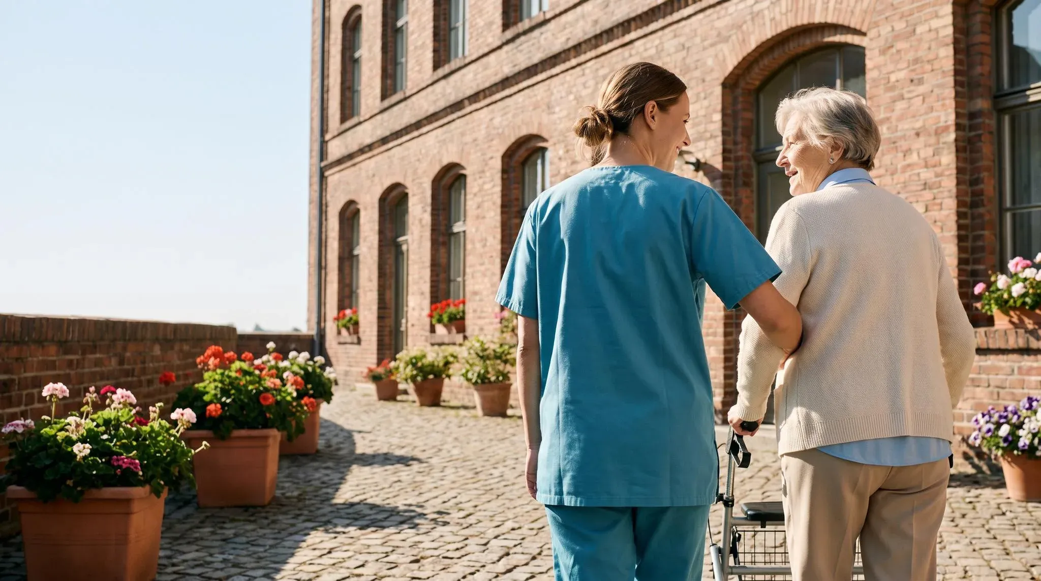 Pflegekraft begleitet eine ältere Frau mit Rollator durch einen sonnigen Backstein-Innenhof in Greifswald