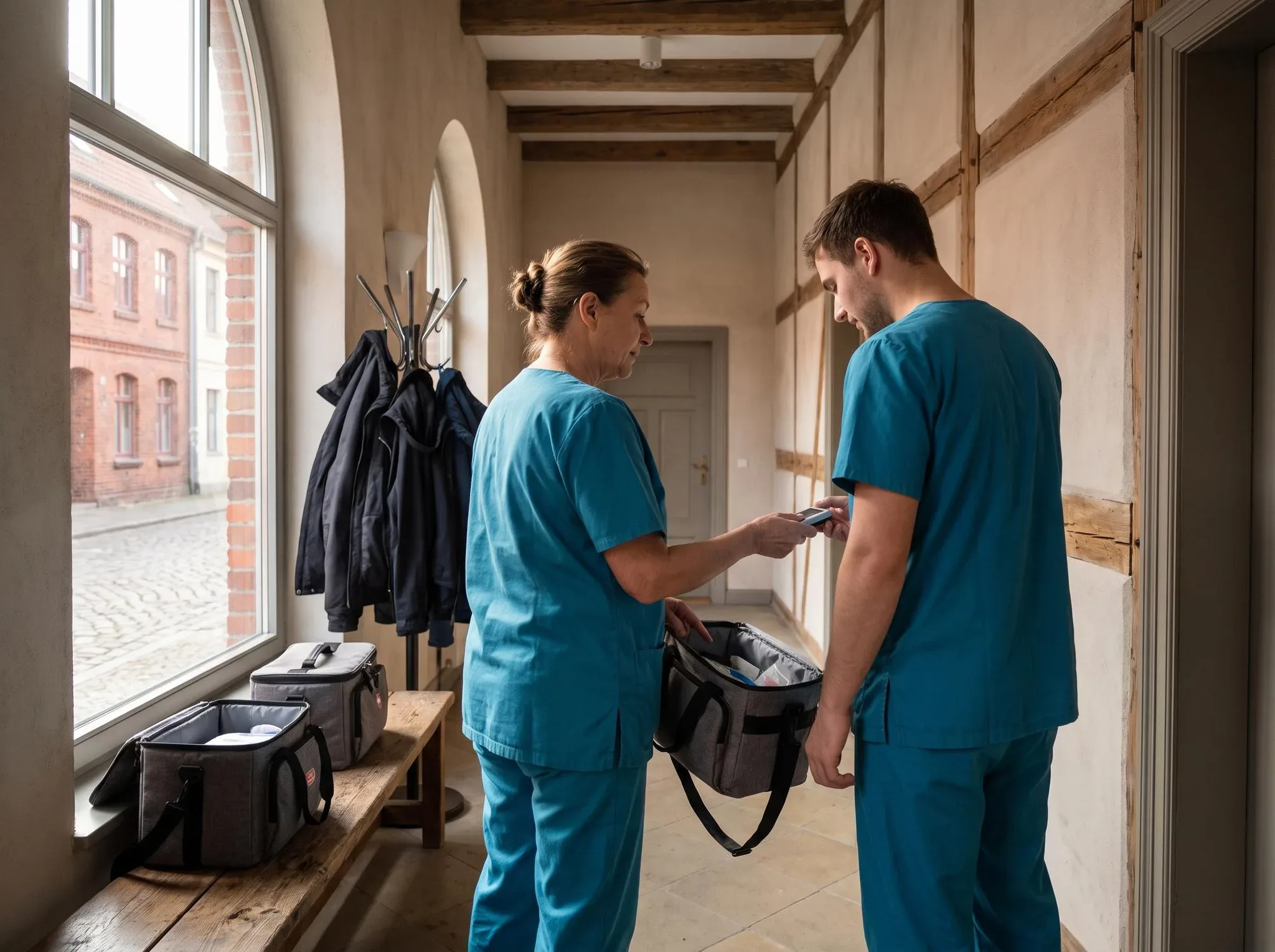 Erfahrene Pflegekraft gibt einem jungen Kollegen im Flur des Büros vor der Tour etwas an der Pflegetasche mit