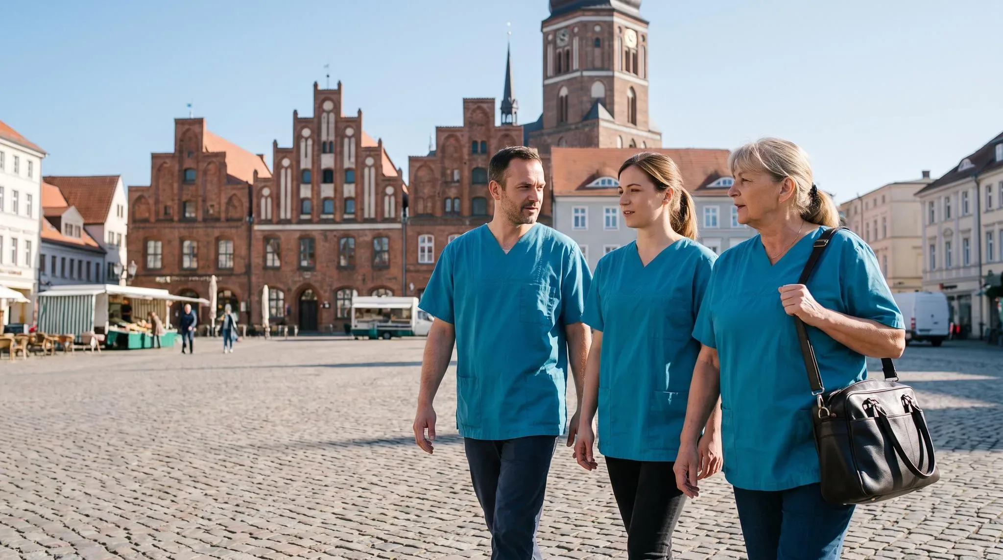 Drei Pflegekräfte der Hansepflege gehen im Gespräch über den Marktplatz von Greifswald, im Hintergrund der Dom