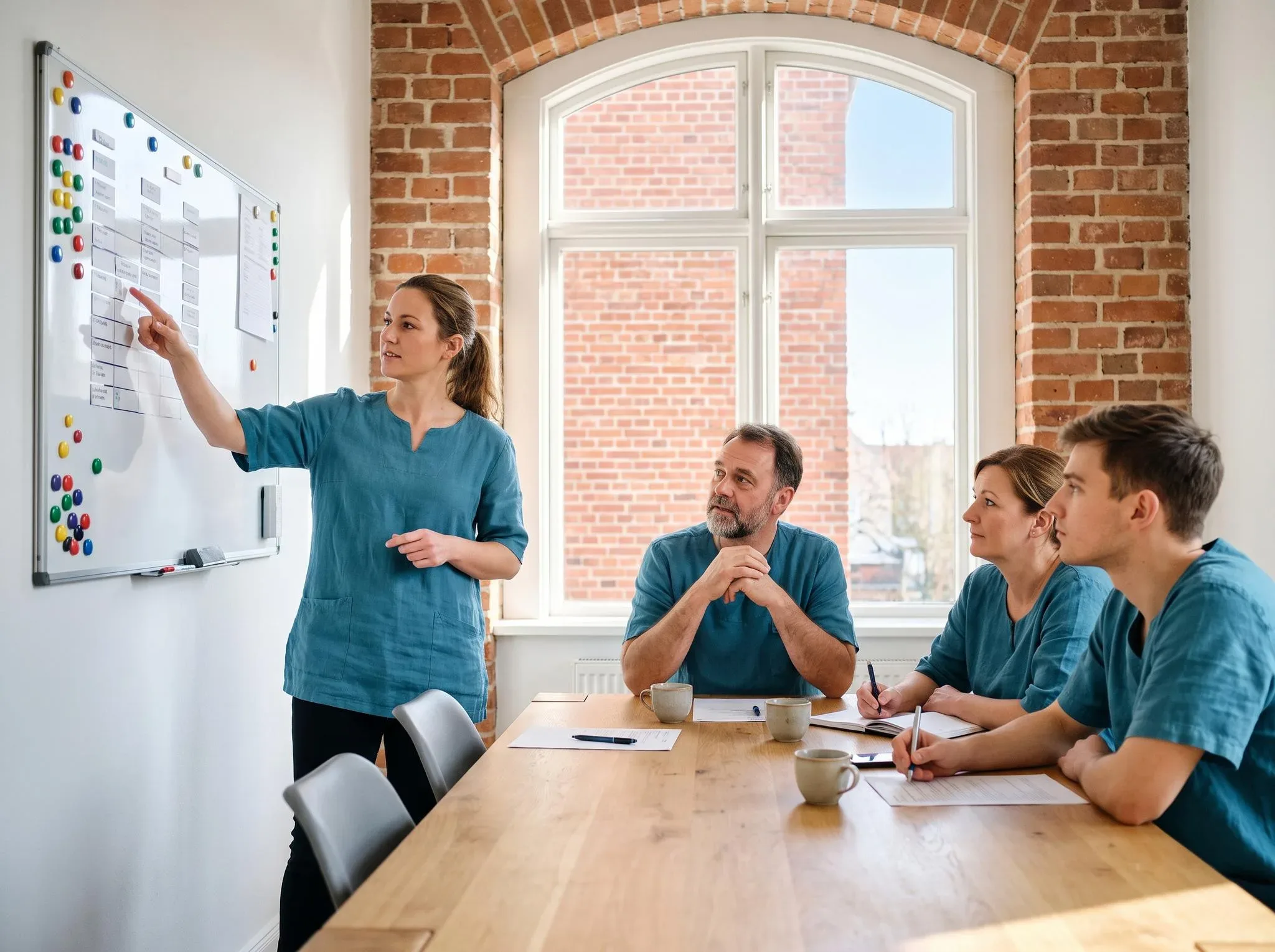 Dienstbesprechung von vier Pflegekräften im Besprechungsraum mit Backsteinfenster