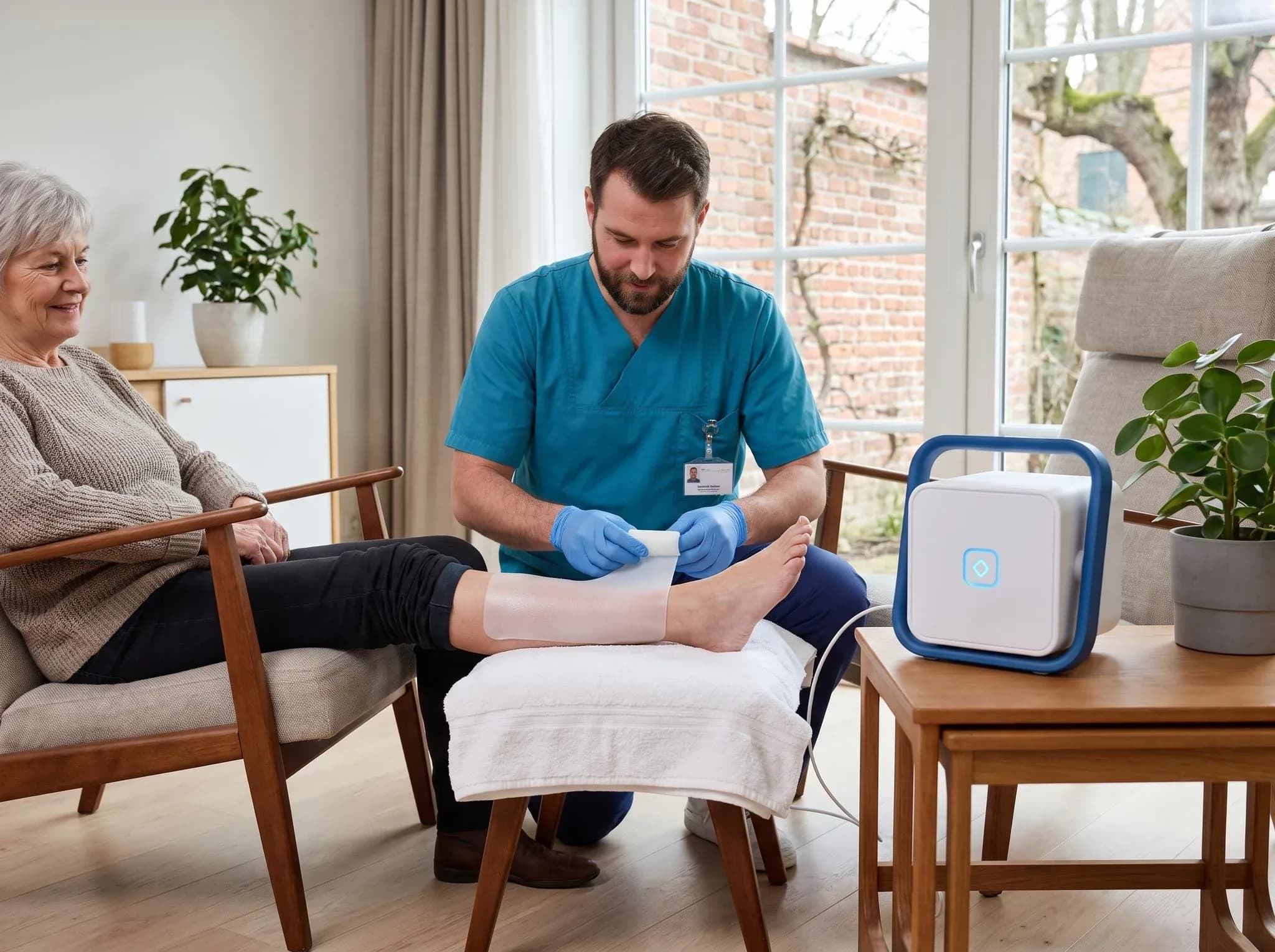 Wundmanager legt einer Patientin die CPT-Wundauflage um den Unterschenkel, daneben das Steuergerät CPT cube