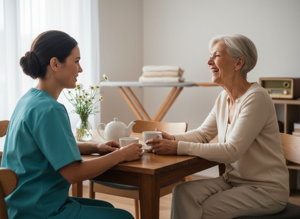Pflegehelfer – Hansepflege Pflegehelfer im Gespräch mit einer Patientin
