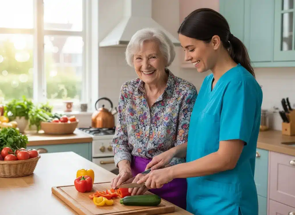 Hauswirtschaft – Hansepflege Hauswitschaft und ältere Dame beim kochen
