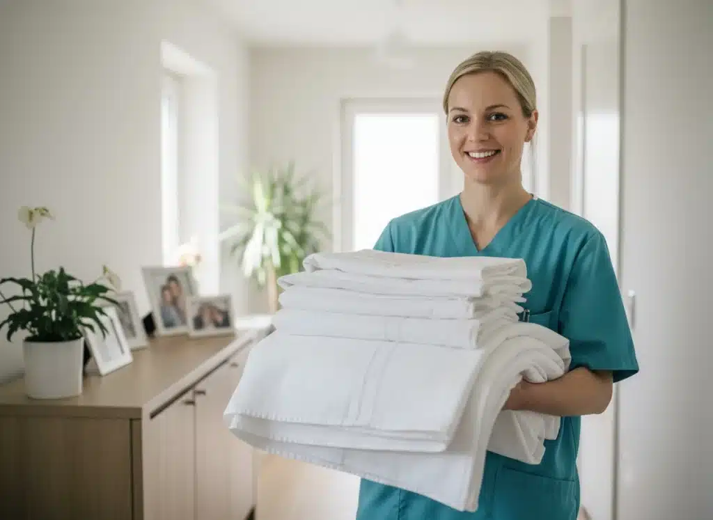 Hauswirtschaft – Hansepflege Hauswirtschafterin mit frischer Wäsche auf dem Flur