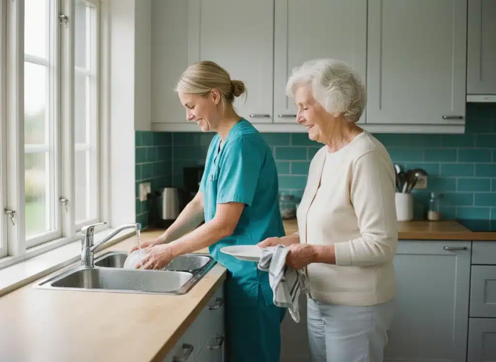 Hauswirtschaft – Hansepflege Haudwirtschafterin und ältere Dame waschen ab